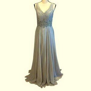 Cameron Blake Silver Gray Beaded Embroidered Chiffon Gown